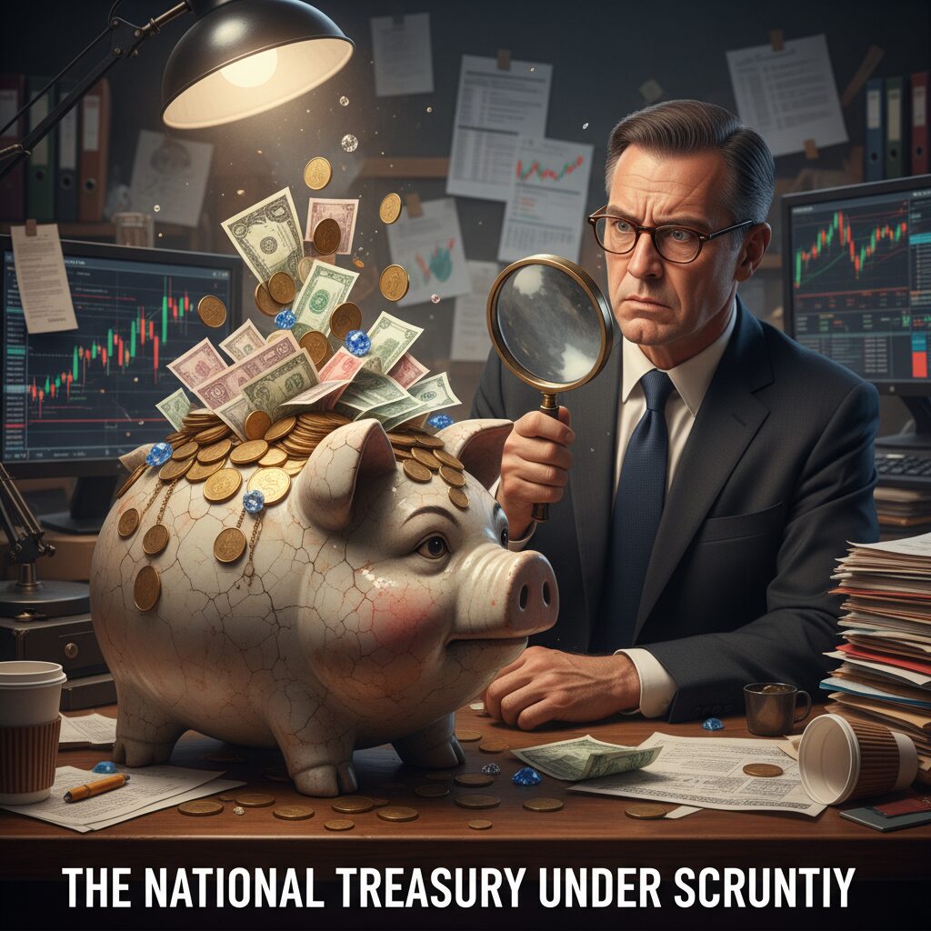 虫眼鏡を持った厳格な人物が、膨張した貯金箱（国の基金を象徴）を監査している様子。