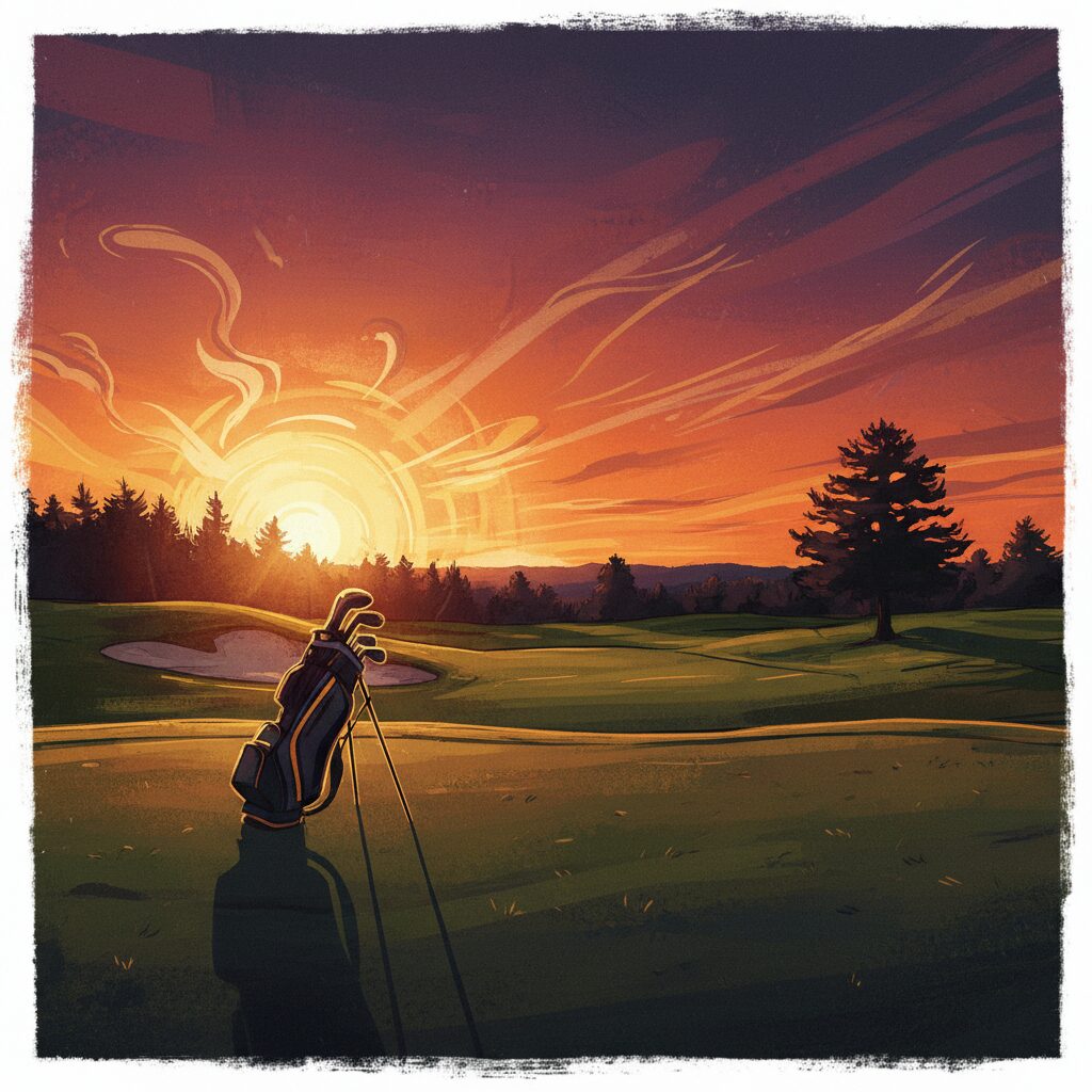夕暮れのゴルフコースに立つ、偉大な功績を象徴するゴルフバッグのシルエット