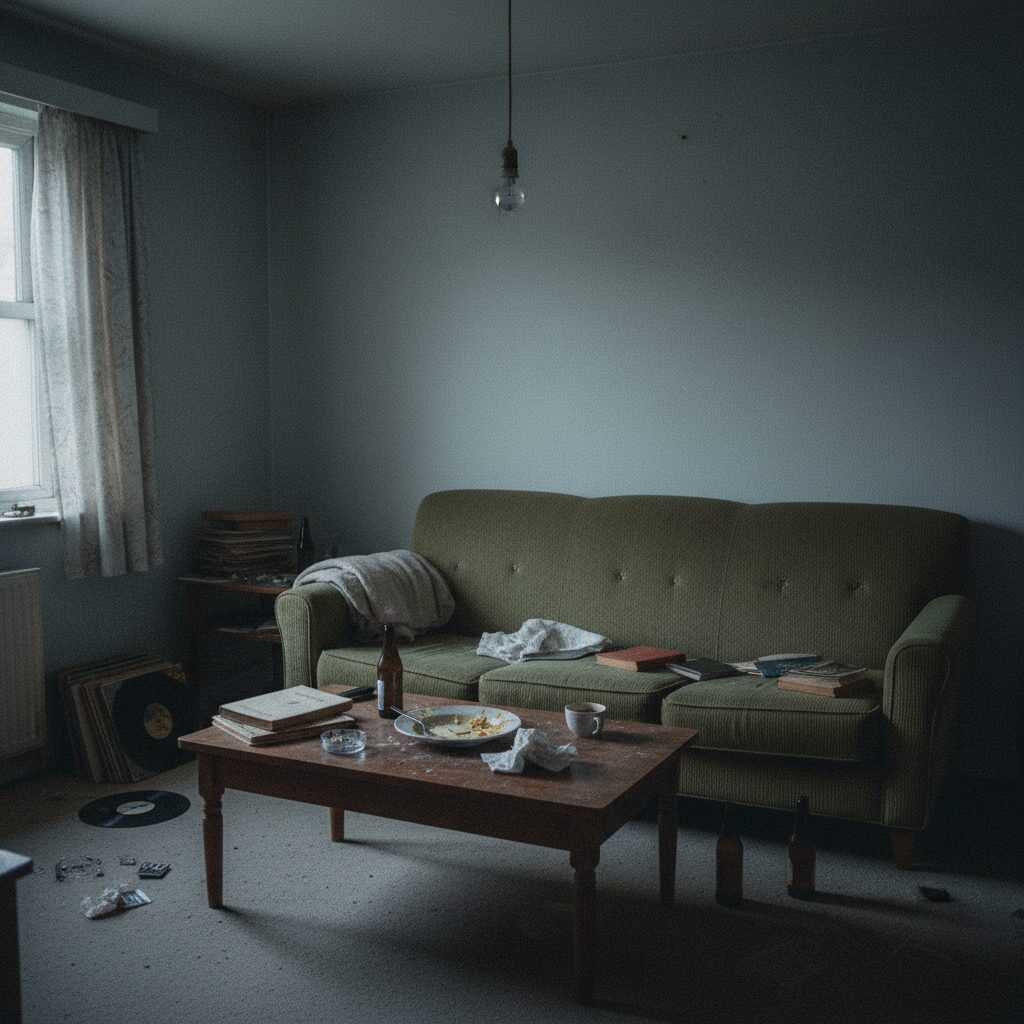 魚喃キリコの漫画『南瓜とマヨネーズ』の世界観を表現した、生活感あふれる薄暗いアパートの一室のイメージ。