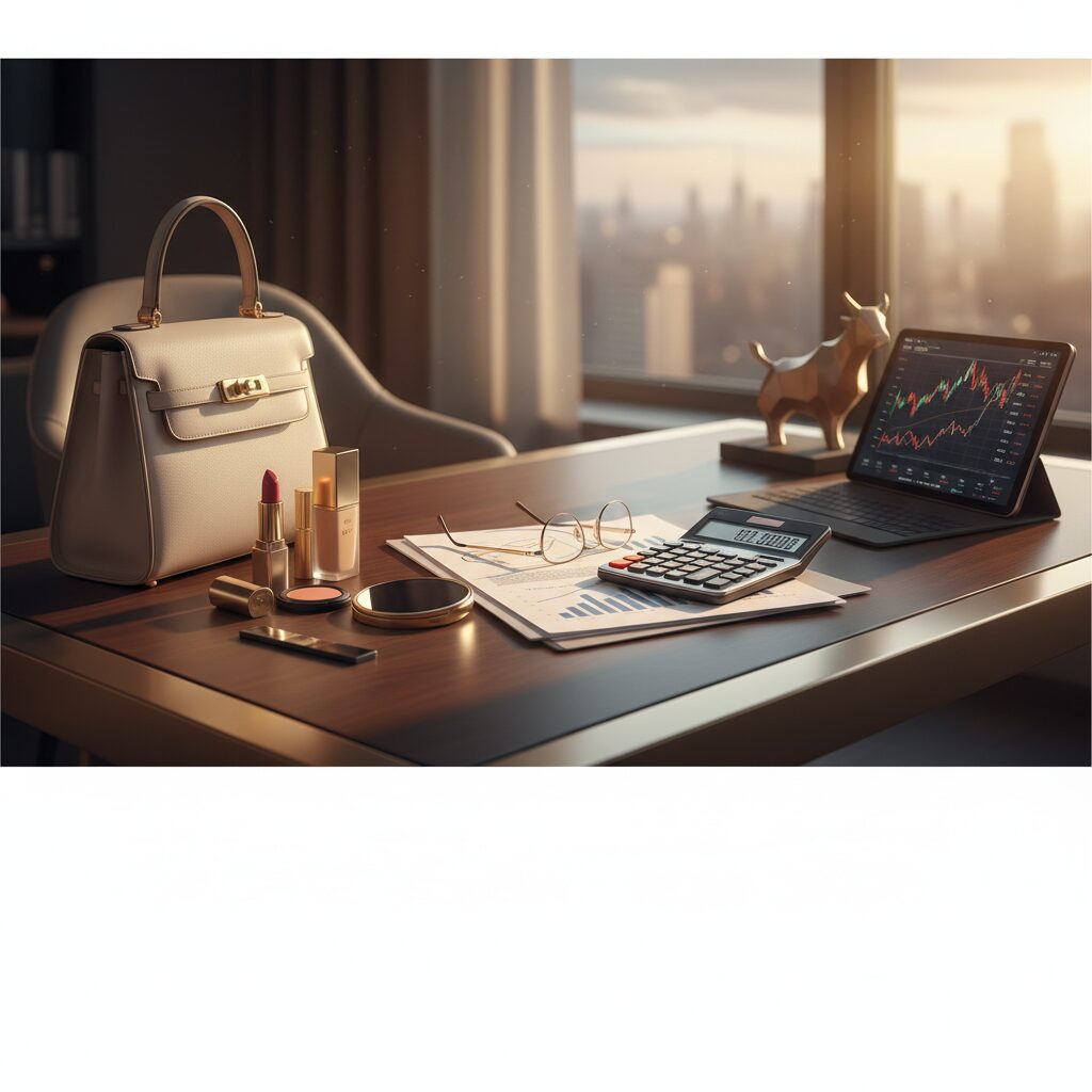 起業家のデスクに置かれた高級ブランド品と計算機のイメージ