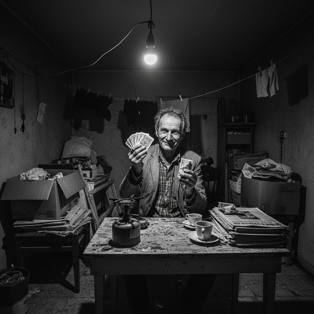 ガスが止まった古いアパートの一室でカセットコンロを使う男性。どこか開き直ったような明るい表情。