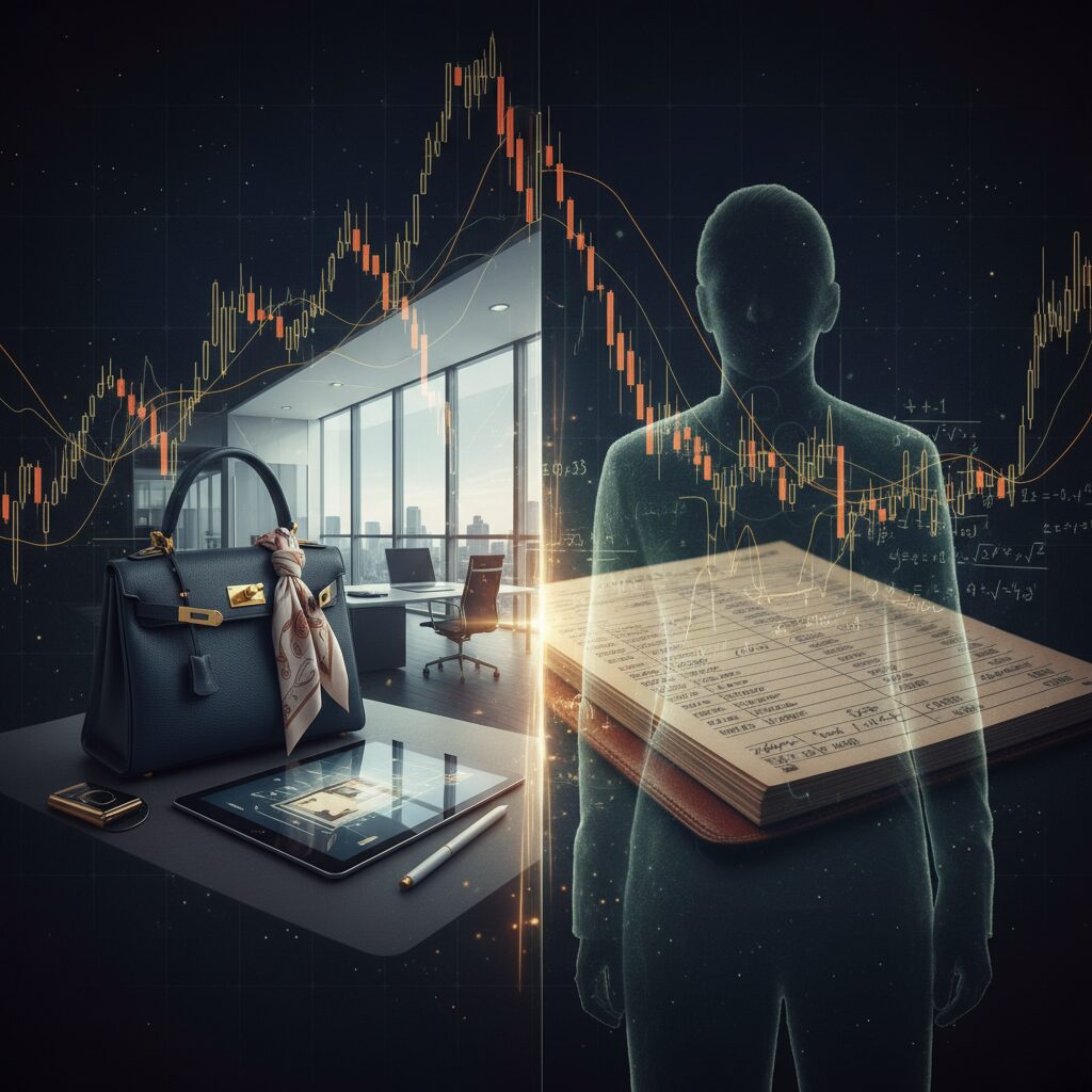 高級ブランドバッグとビジネス書類が対照的に描かれた、成功と裏側を象徴するコンセプトアート