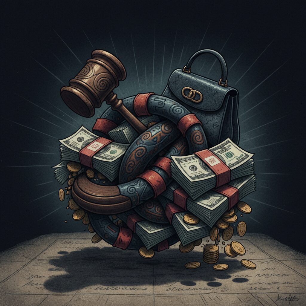 政治、芸能、税金問題を象徴する要素が複雑に絡み合ったイメージ。