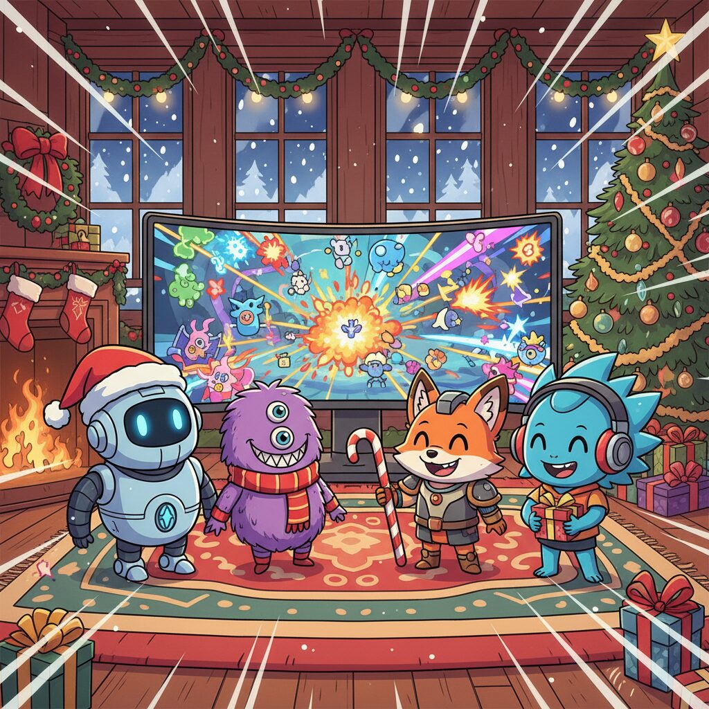 最終兵器俺達のメンバー4人をイメージした、ゲーム実況とクリスマスパーティーの様子を描いたイラスト。