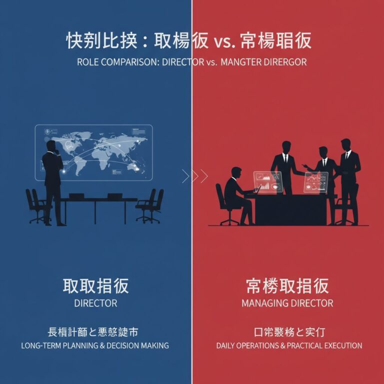経営戦略を担う取締役と、日常業務を執行する常務取締役を対比させたプロフェッショナルなグラフィック