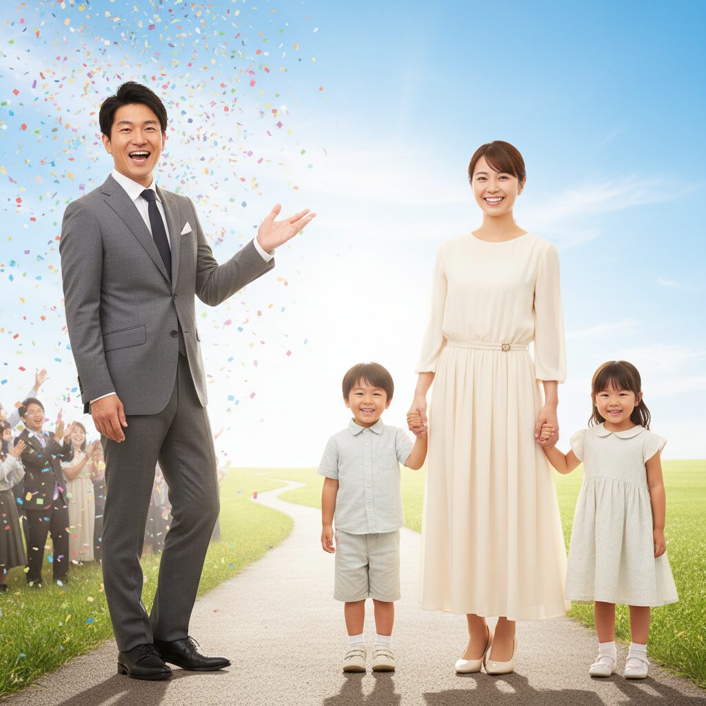 笑顔の男性と子供を持つ女性が別々の未来に向かって歩む象徴的なイラスト