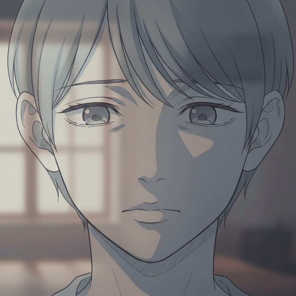 魚喃キリコの漫画のようなシンプルな線で描かれた、複雑な感情を秘めた女性の顔のクローズアップイラスト。