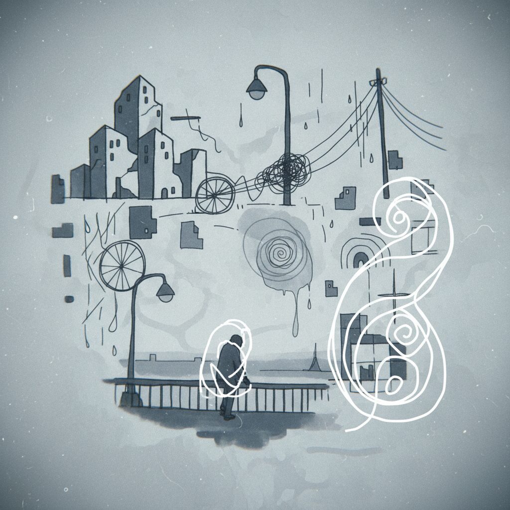 魚喃キリコ氏の作風を思わせる、クールで内省的な雰囲気のイラスト。