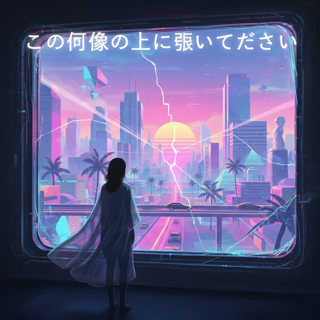 霞がかった1980年代風の都市の風景を、現代的な窓枠を通して見つめる人物の超現実的なデジタルアート。