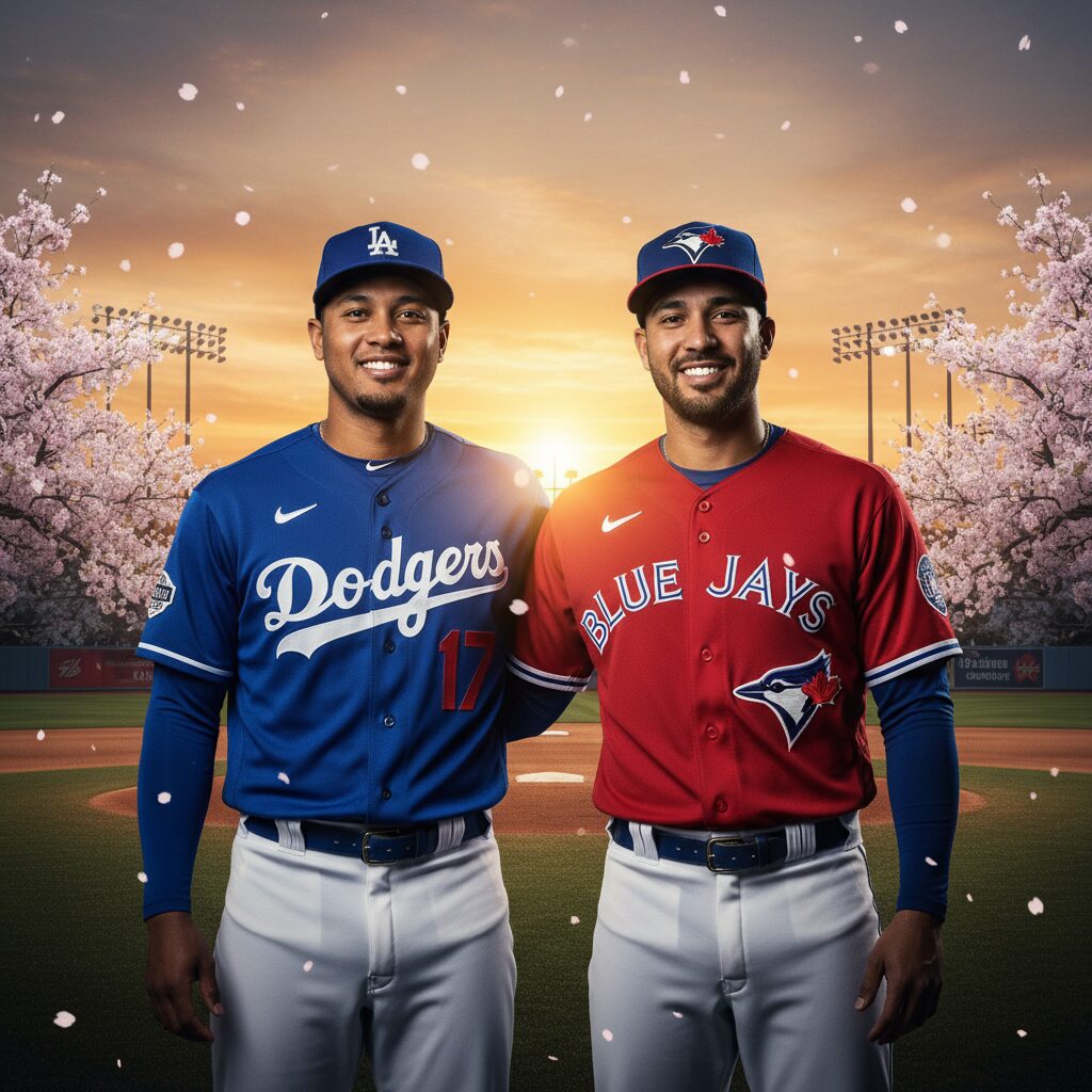 メジャーリーグのフィールドで談笑する二人の野球選手（菊池雄星と大谷翔平）の後ろ姿。