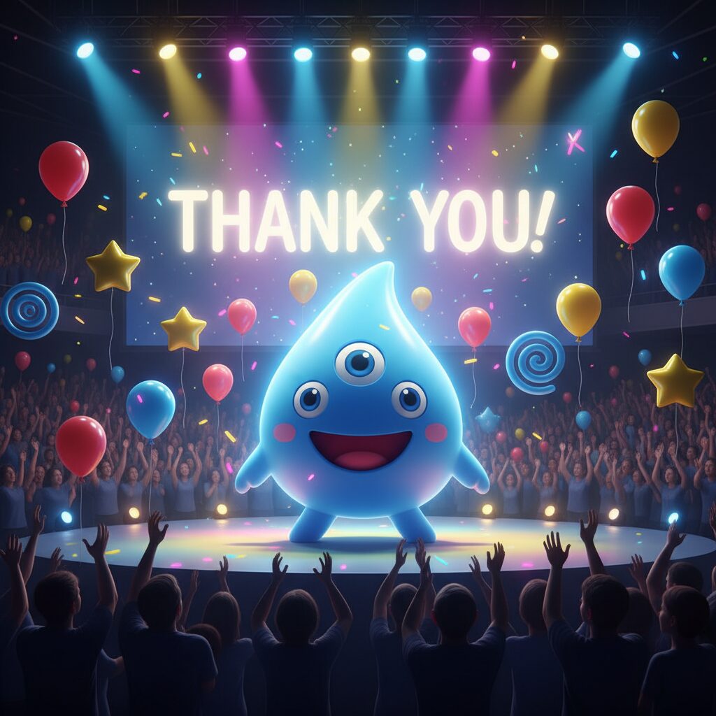 万博の公式キャラクターミャクミャクがステージでファンに手を振っている、感謝祭のイメージ画像