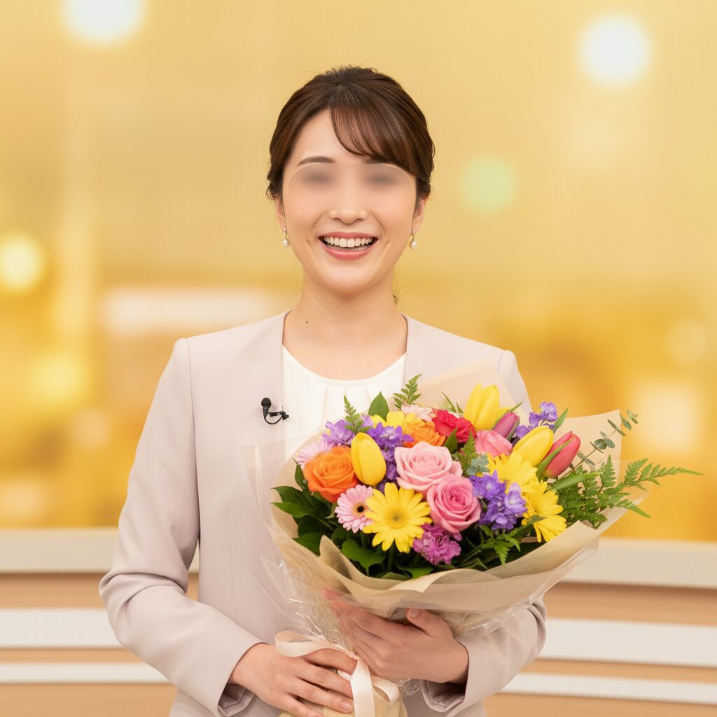花束を持ち笑顔を見せる女性アナウンサーの画像。明るく祝福ムードに包まれている様子。