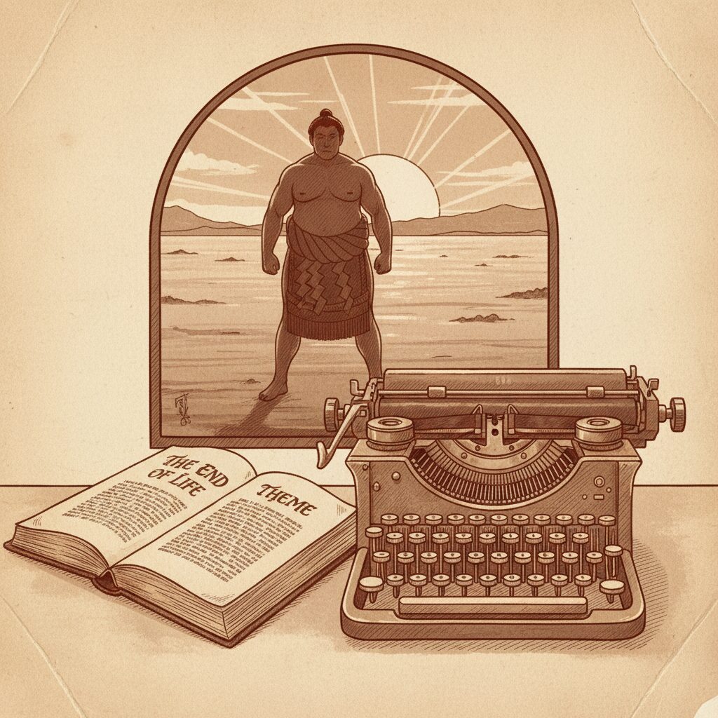 脚本家・内館牧子さんの死去を伝える記事のアイキャッチ画像。タイプライター、相撲のシルエット、本が描かれている。