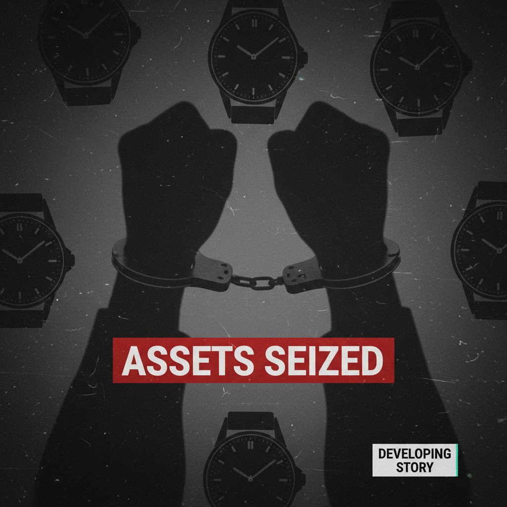 高級腕時計シェアサービス「トケマッチ」の元代表逮捕と、手錠の影が落ちる時計の画像。