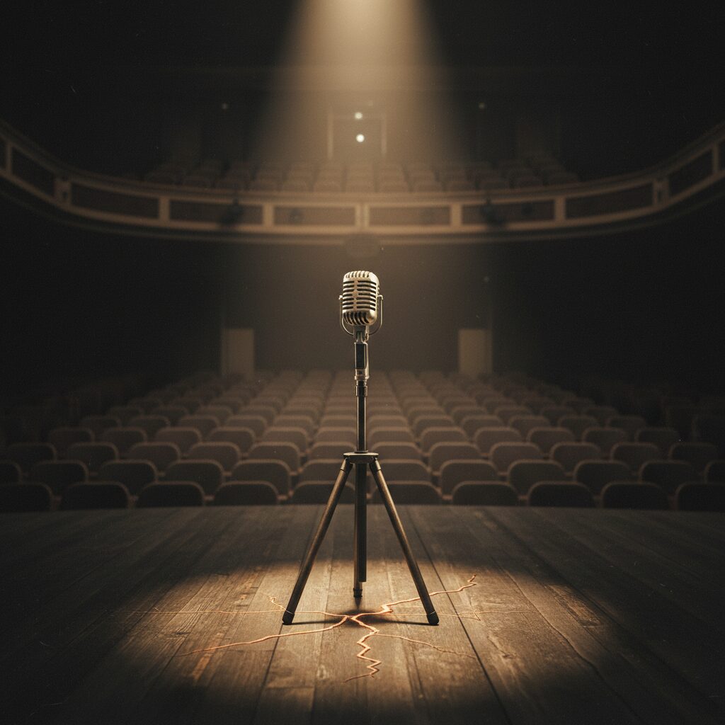 静かに立つ舞台マイクと微かな亀裂のイメージ。おいでやす小田さんの休養と回復を象徴。