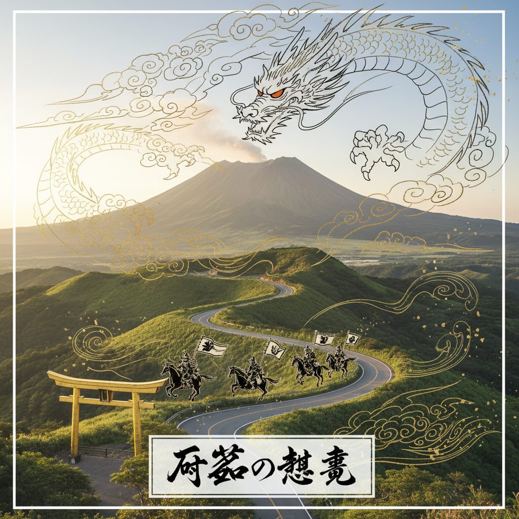 大観峰から見下ろす阿蘇の雄大なカルデラと、緑豊かな草原、そして噴煙を上げる阿蘇山の遠景。