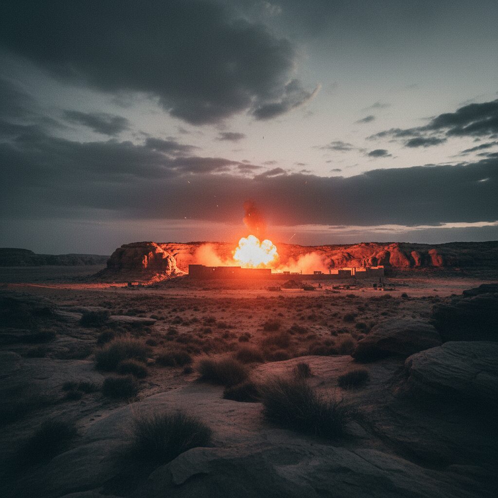 砂漠地帯の夜空に浮かぶ遠隔地への精密軍事攻撃のイメージ