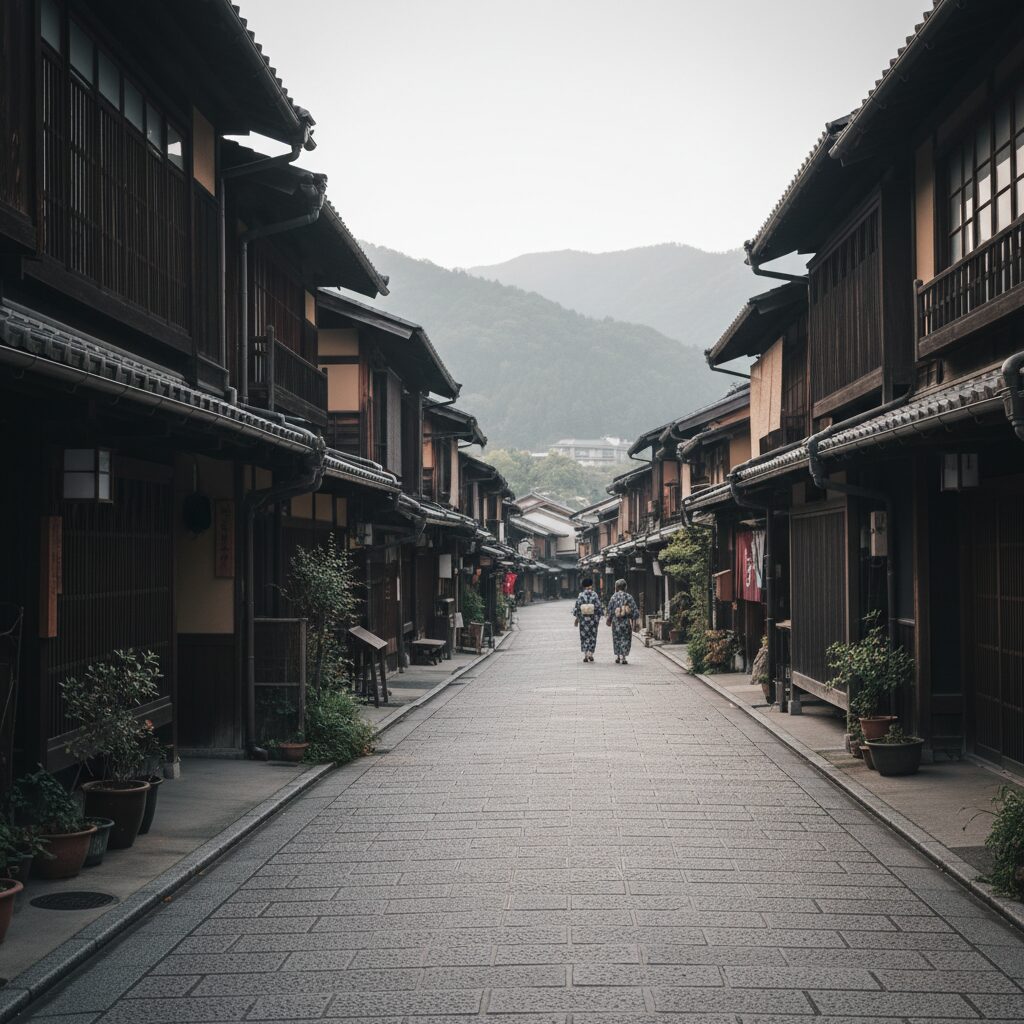 観光客が激減し、静まり返った京都の伝統的な街並み。日中関係の悪化による影響を象徴する画像。