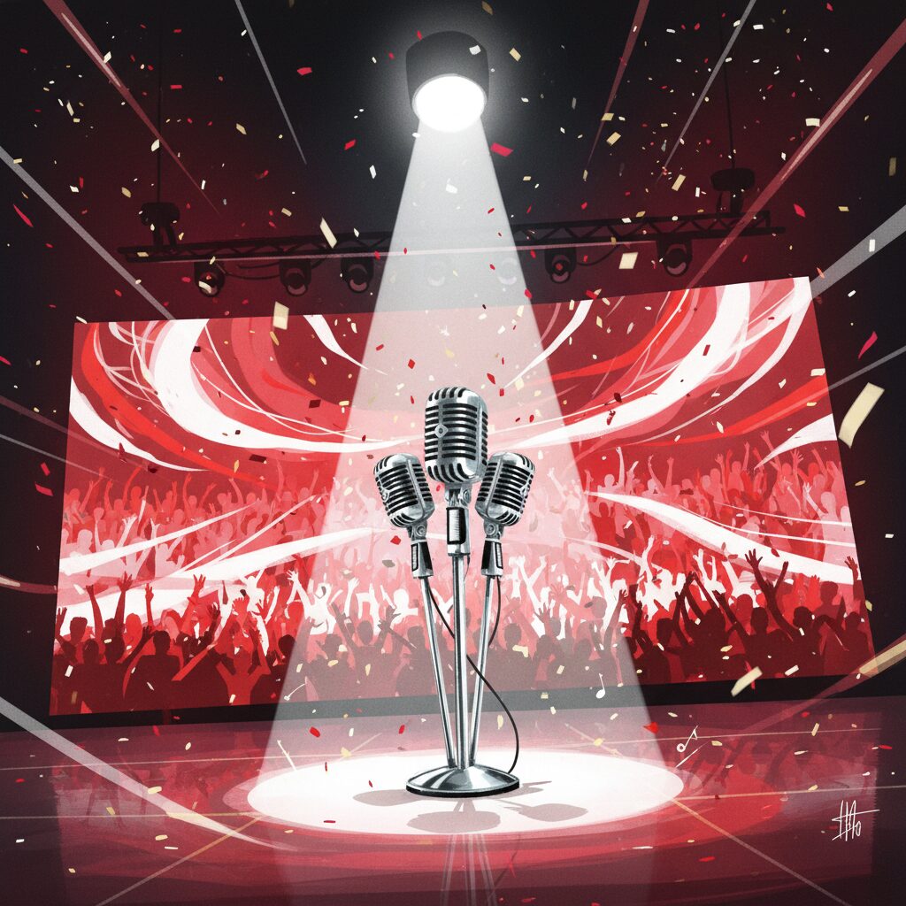紅白歌合戦の華やかなステージとマイクスタンド。期待と注目が集まる年末の雰囲気を表現したイラスト。