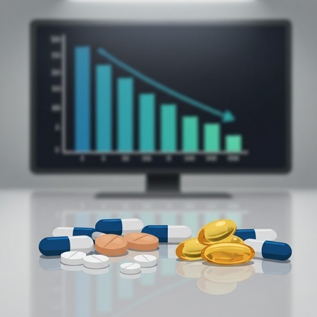 中性脂肪を下げる薬、錠剤、カプセル、魚油（オメガ3脂肪酸）が並べられた医療的な雰囲気の画像。健康診断の結果を示すモニターが背景にある。