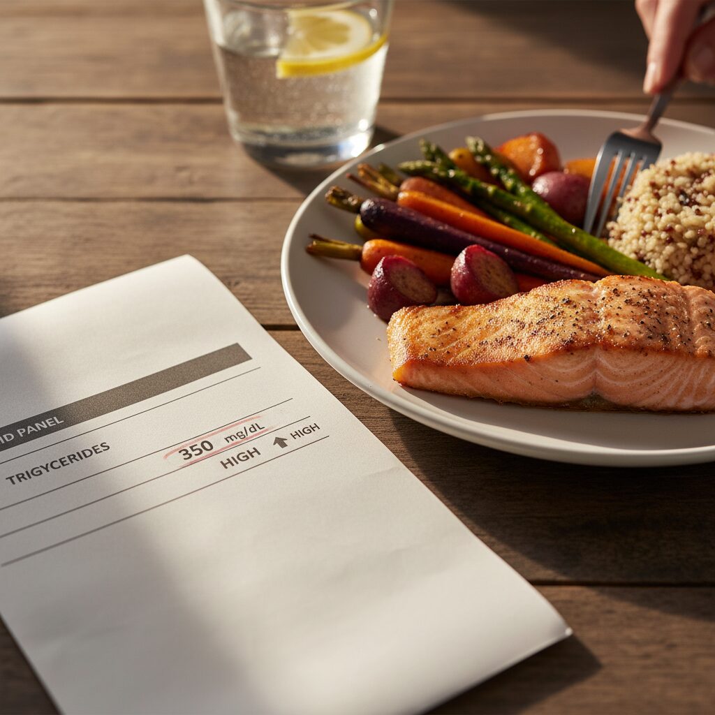 中性脂肪値が高いことを示す血液検査結果と、健康的な食事（魚、野菜、全粒穀物）のバランスが取れた皿の画像。