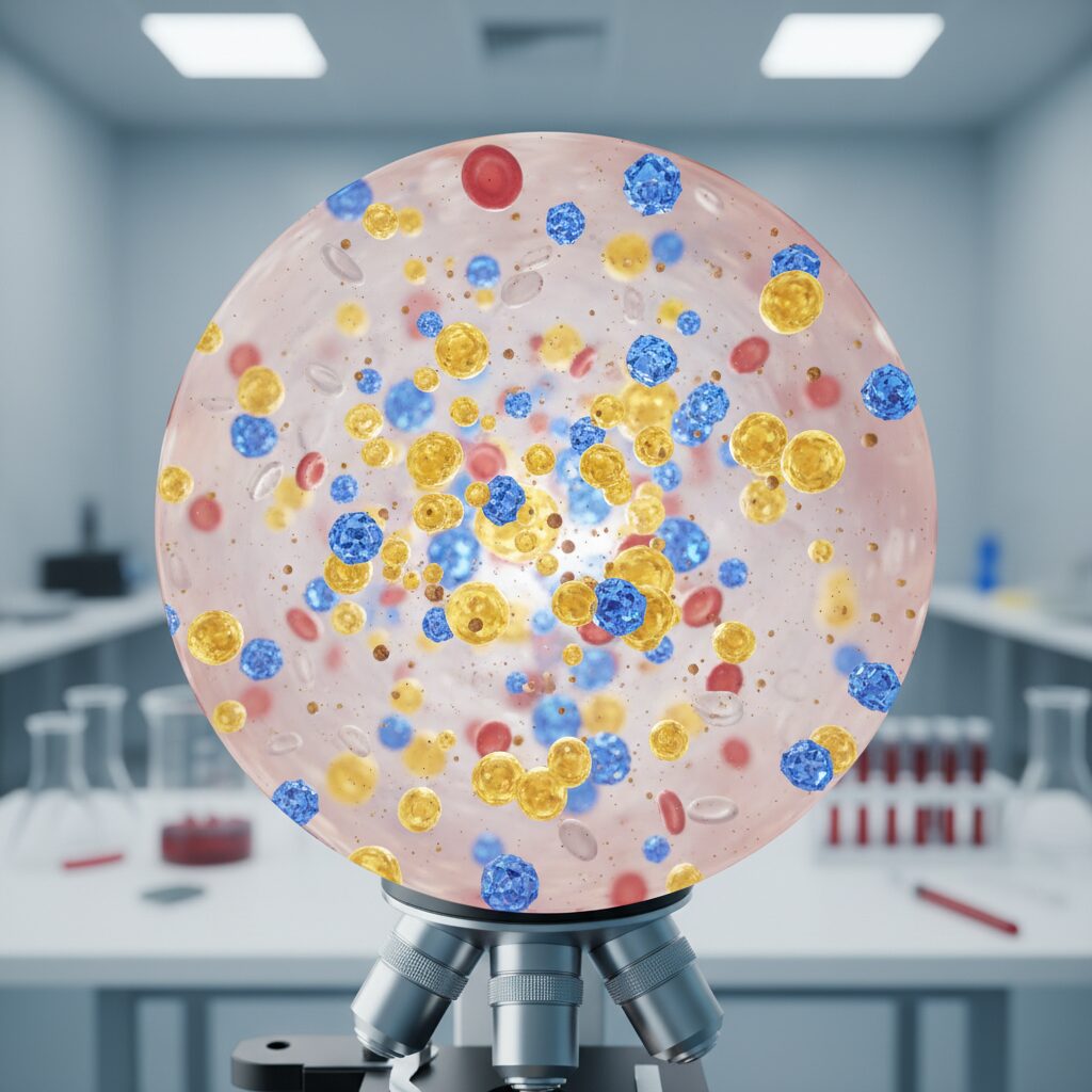 血液中の脂質成分である中性脂肪とコレステロールの分子構造をイメージした抽象的なイラスト。