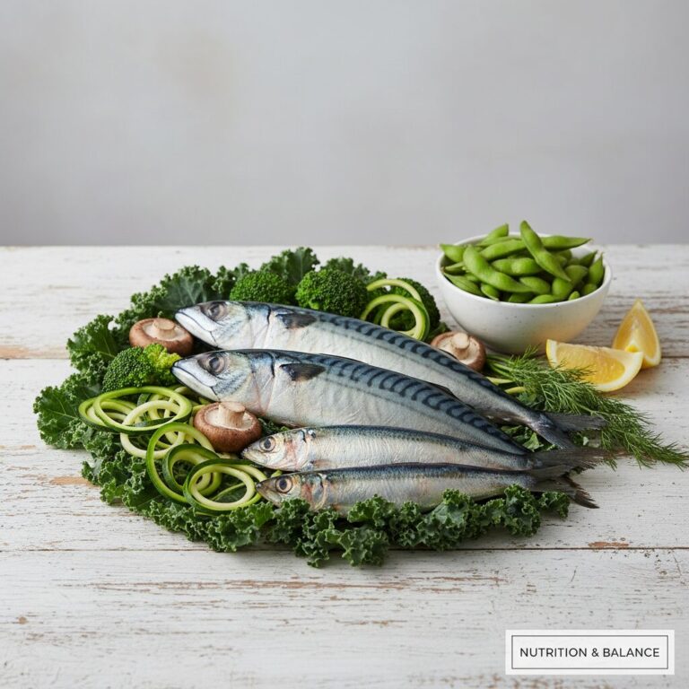 皿に盛り付けられたサバ、イワシ、新鮮な野菜、キノコ、納豆など、中性脂肪を下げる効果的な食べ物の集合写真。