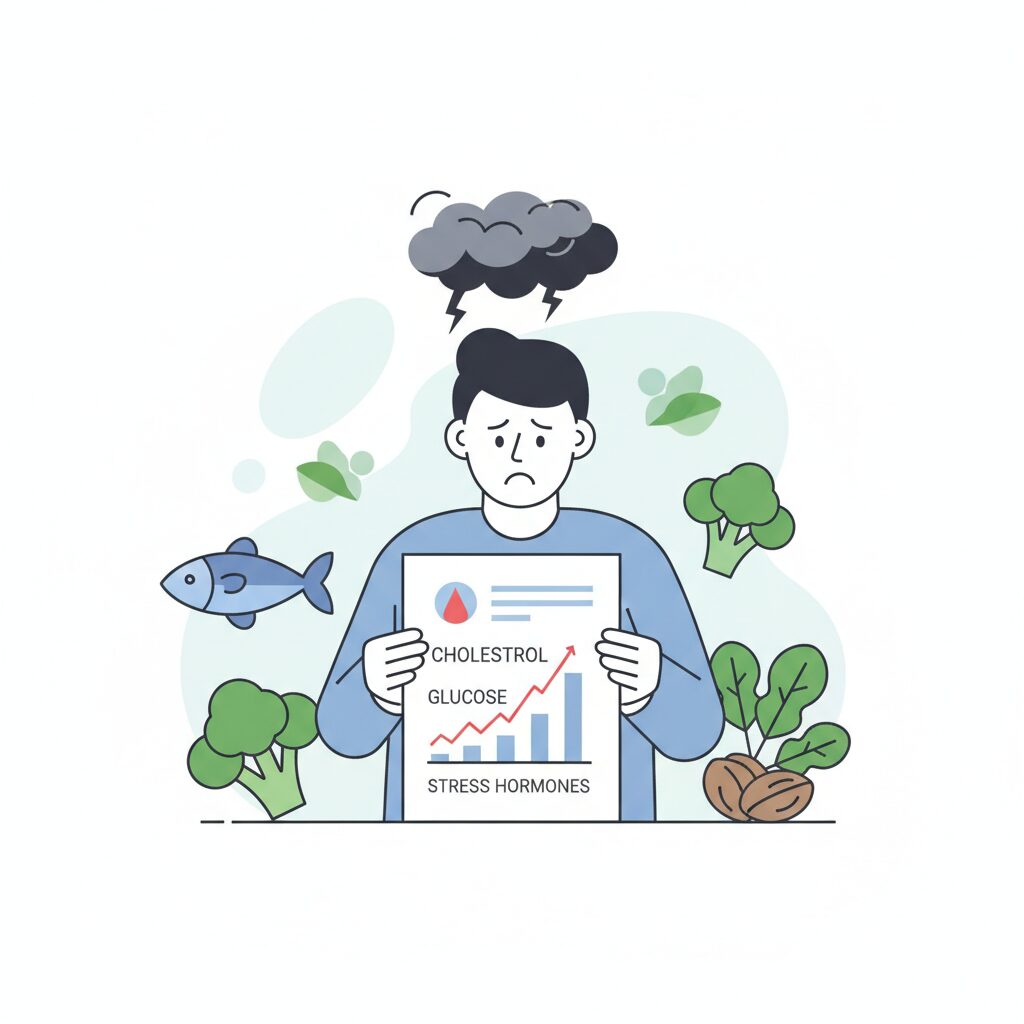 健康診断の結果を見て心配そうな人物と、改善のための食事・運動のイメージ