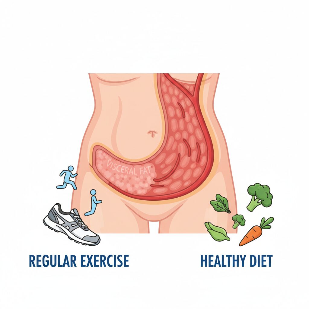 中性脂肪と内臓脂肪の違いを可視化した医療イメージ画像。血液中の脂質と臓器周りの脂肪、健康的な食事と運動のアイコンが並んでいる。