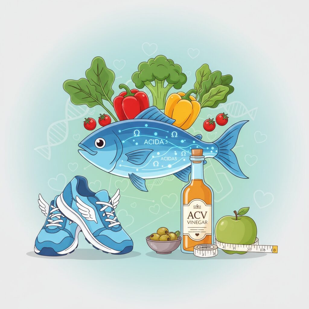 青魚、野菜、運動靴が描かれた健康的なイメージ画像