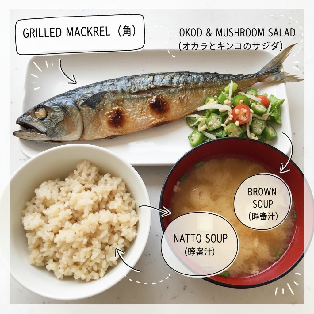Healthy Japanese meal set featuring grilled fish, vegetables, and brown rice with a focus on balanced nutrition to lower triglycerides.