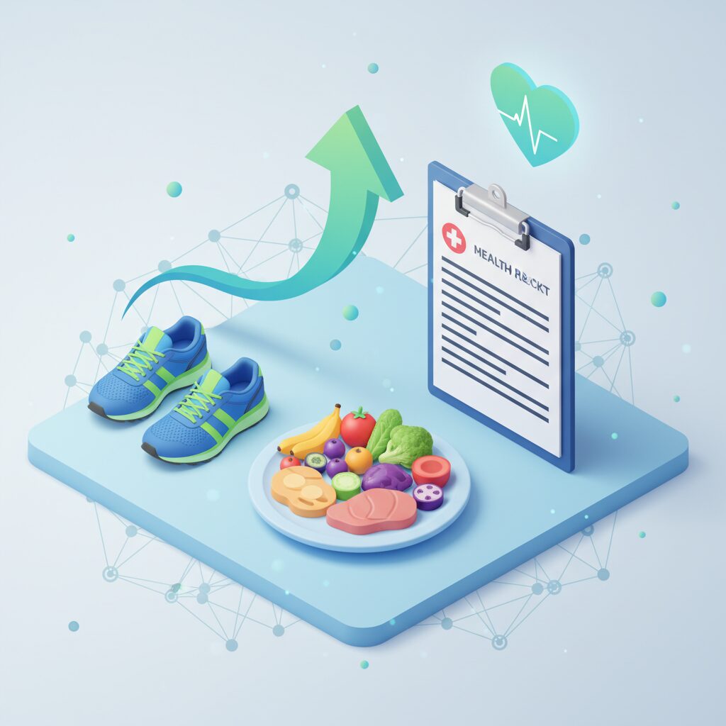 健康診断の結果表、健康的な食事、ウォーキングシューズが並んだアイコニックなイラスト
