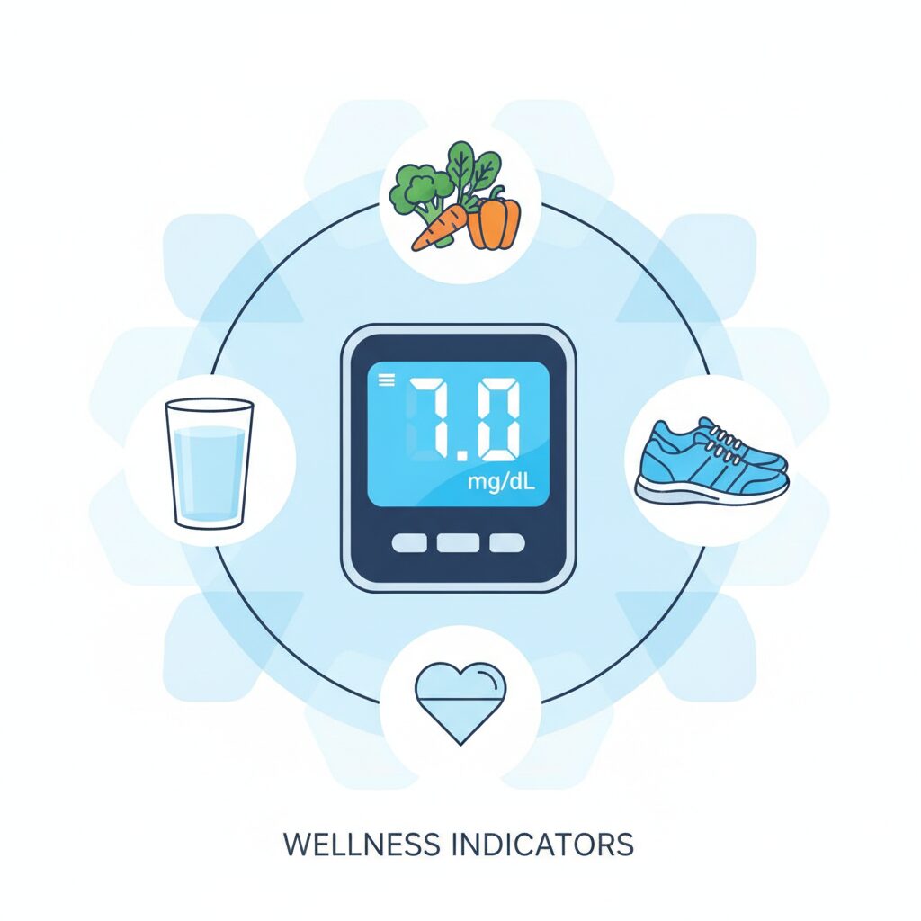 尿酸値の基準値7.0と、健康的な食事・水分補給のイメージ図