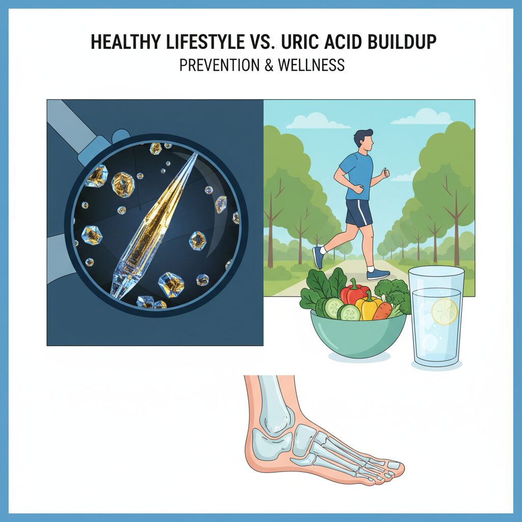 顕微鏡で見える尿酸の結晶と、健康的な食事・水分のイメージを組み合わせたグラフィックアート