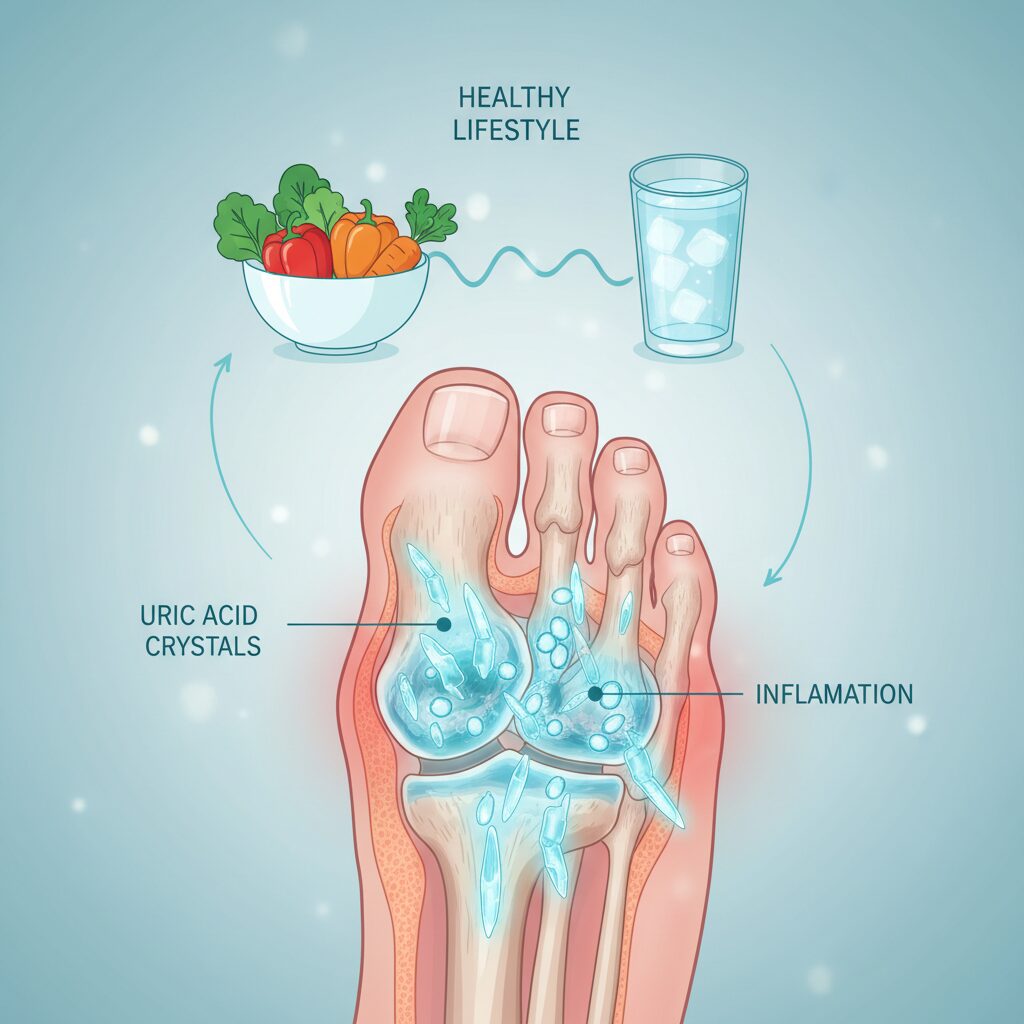 高尿酸血症による痛風発作と健康的な食事のイメージイラスト