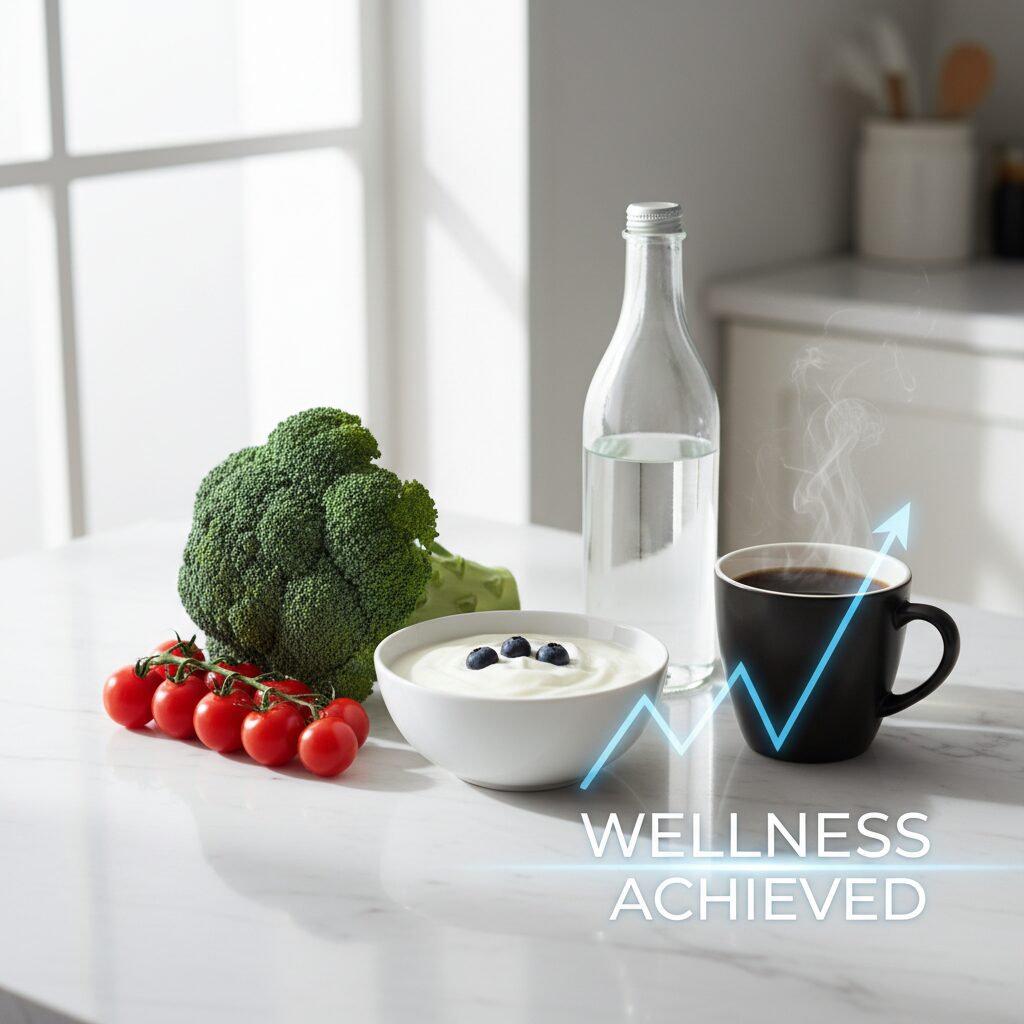 尿酸値を下げる効果がある野菜、乳製品、コーヒーが並んだキッチン