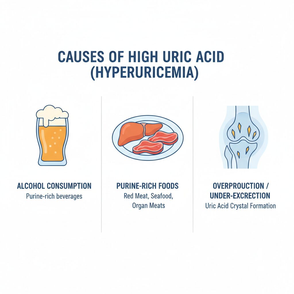 尿酸値が高い原因と食事改善のポイントをまとめたインフォグラフィック画像