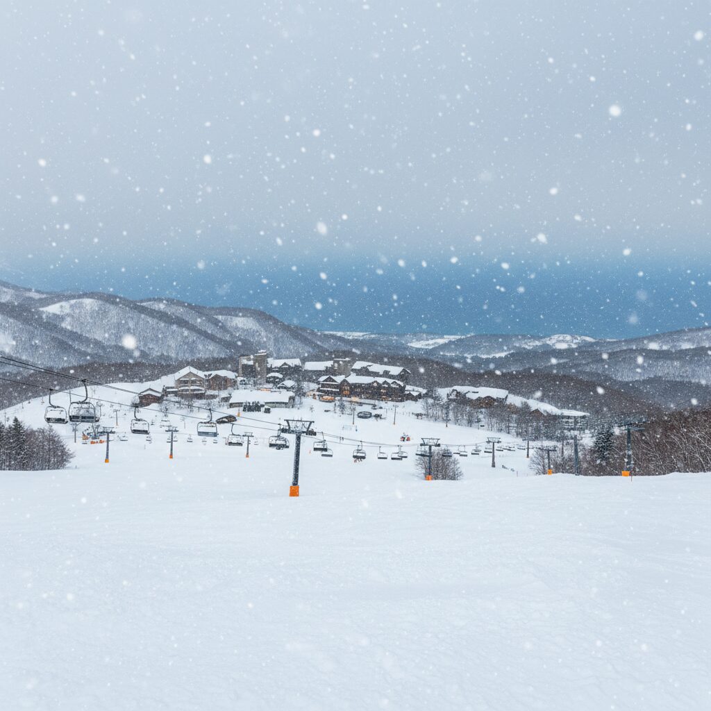 Snow covered Asarigawa Onsen Ski Resort with a view of the Sea of Japan under a snowy sky.