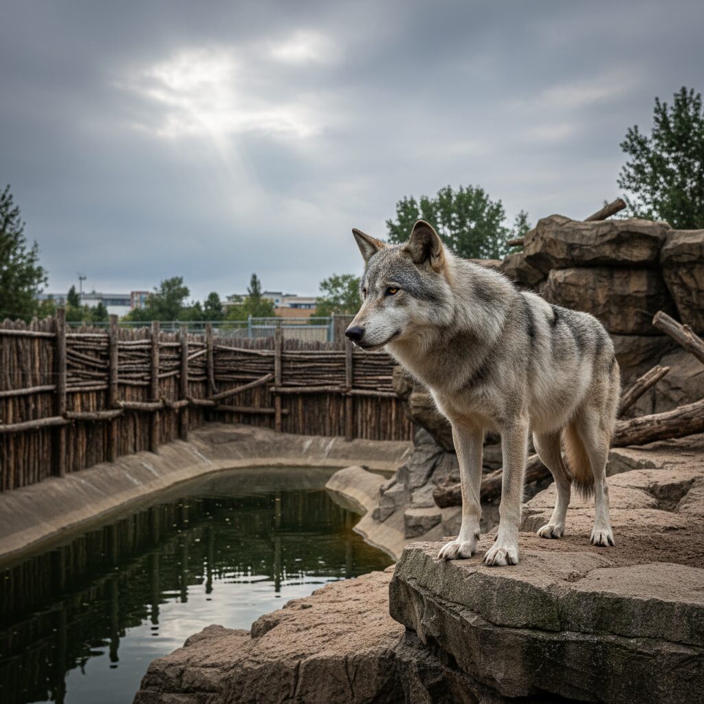 多摩動物公園の岩場に佇むタイリクオオカミのイメージ画像