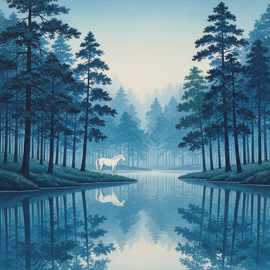 東山魁夷の代表作「緑響く」をイメージした、静かな池と白馬の風景画。幻想的な青と緑の色彩が特徴。