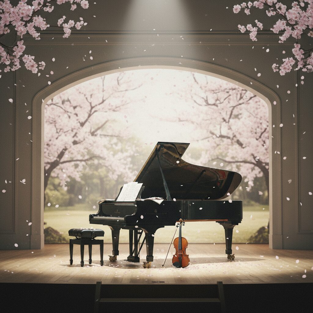 ピアノとバイオリン、そして桜が舞うステージの風景
