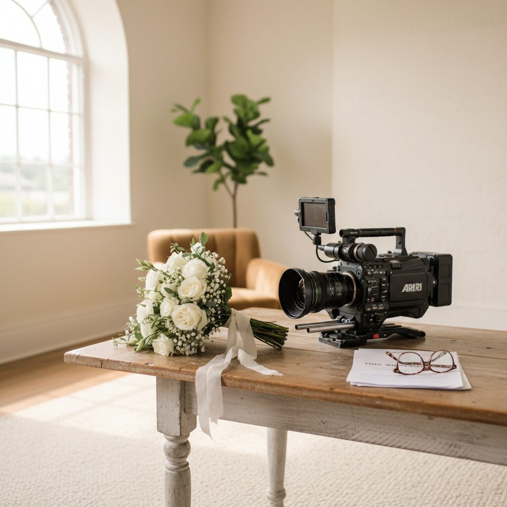 A sophisticated and bright studio setting with a bridal bouquet and a film camera, representing the balance between career and personal life.