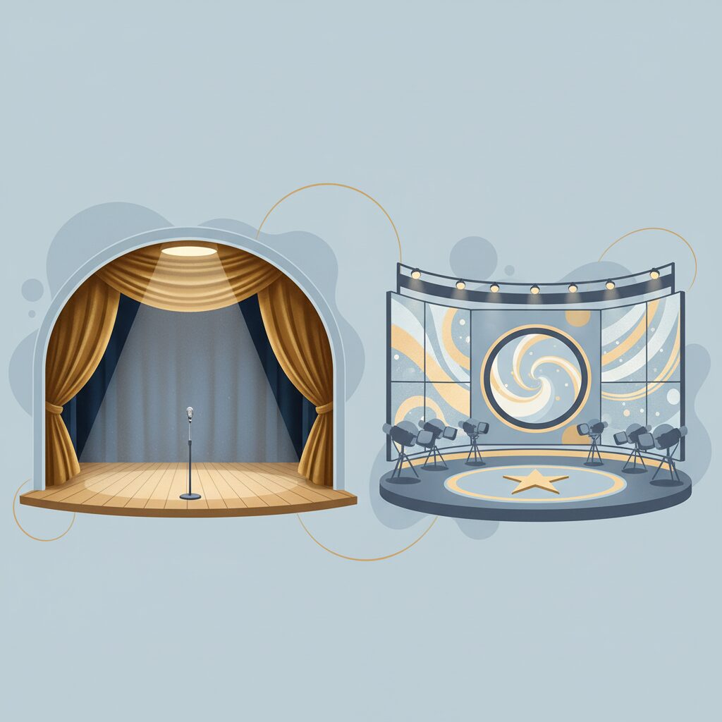 水谷豊の娘・趣里と水谷隼の娘・茉莉花の対比をイメージした、伝統的な舞台と現代的なスタジオのコンセプトアート。