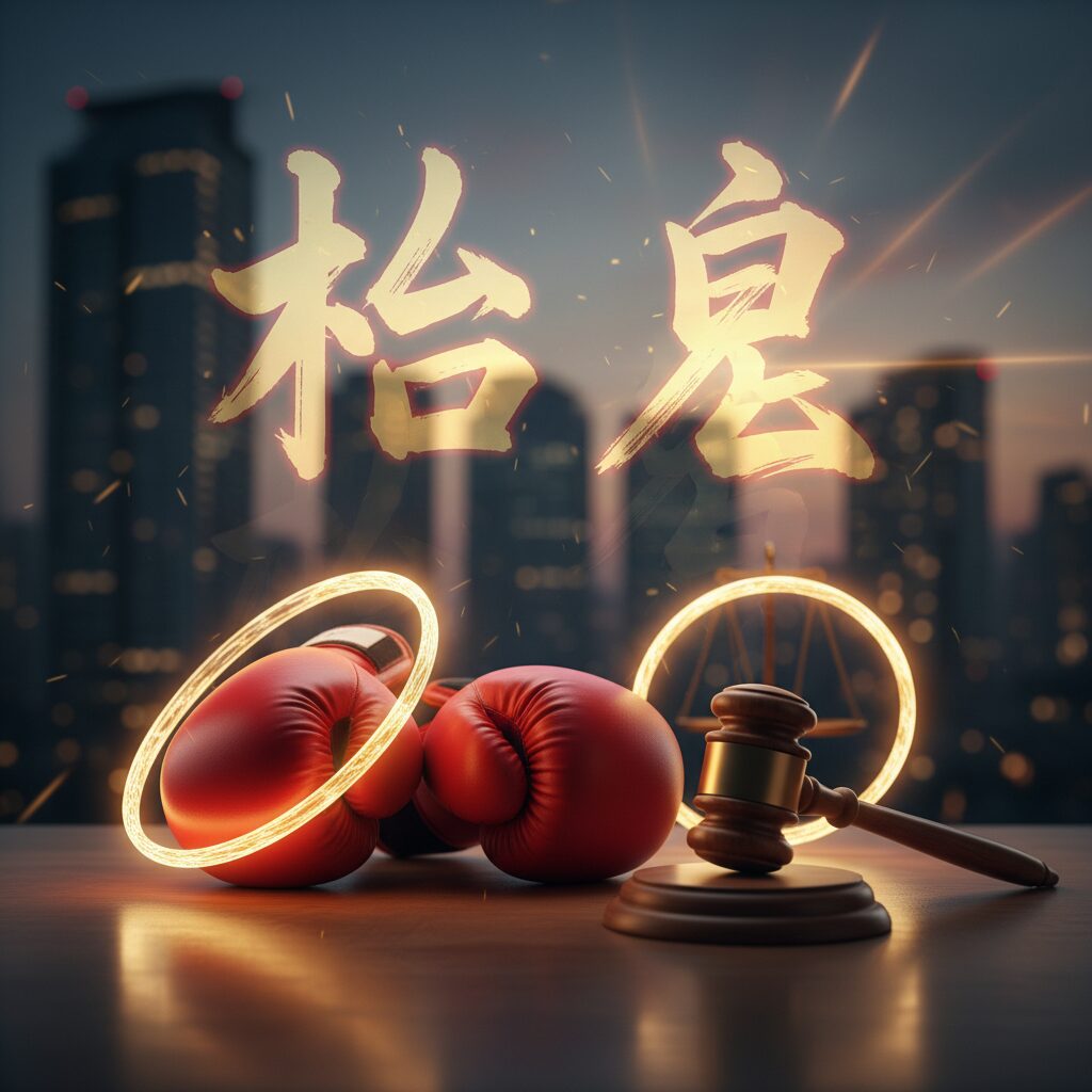 ボクシングのグローブと裁判の木槌が置かれた重厚なイメージ画像