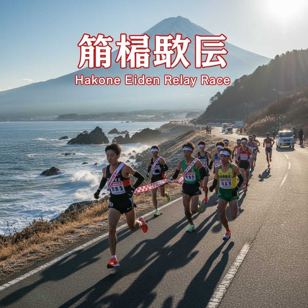 箱根駅伝のたすきをつなぐランナーの背中と冬の富士山を背景にしたドラマチックな光景