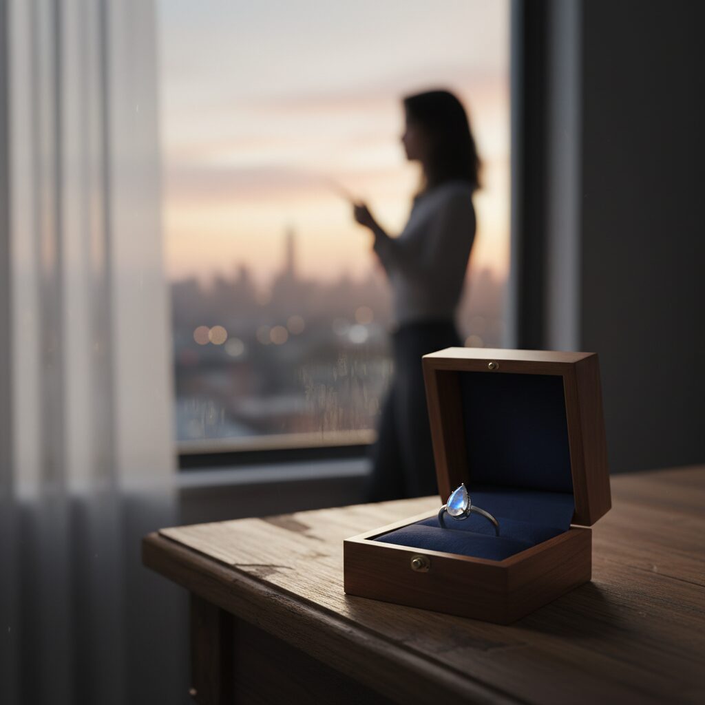 窓際の指輪と夕景を背景にした、恋愛と決別をイメージしたコンセプト画像