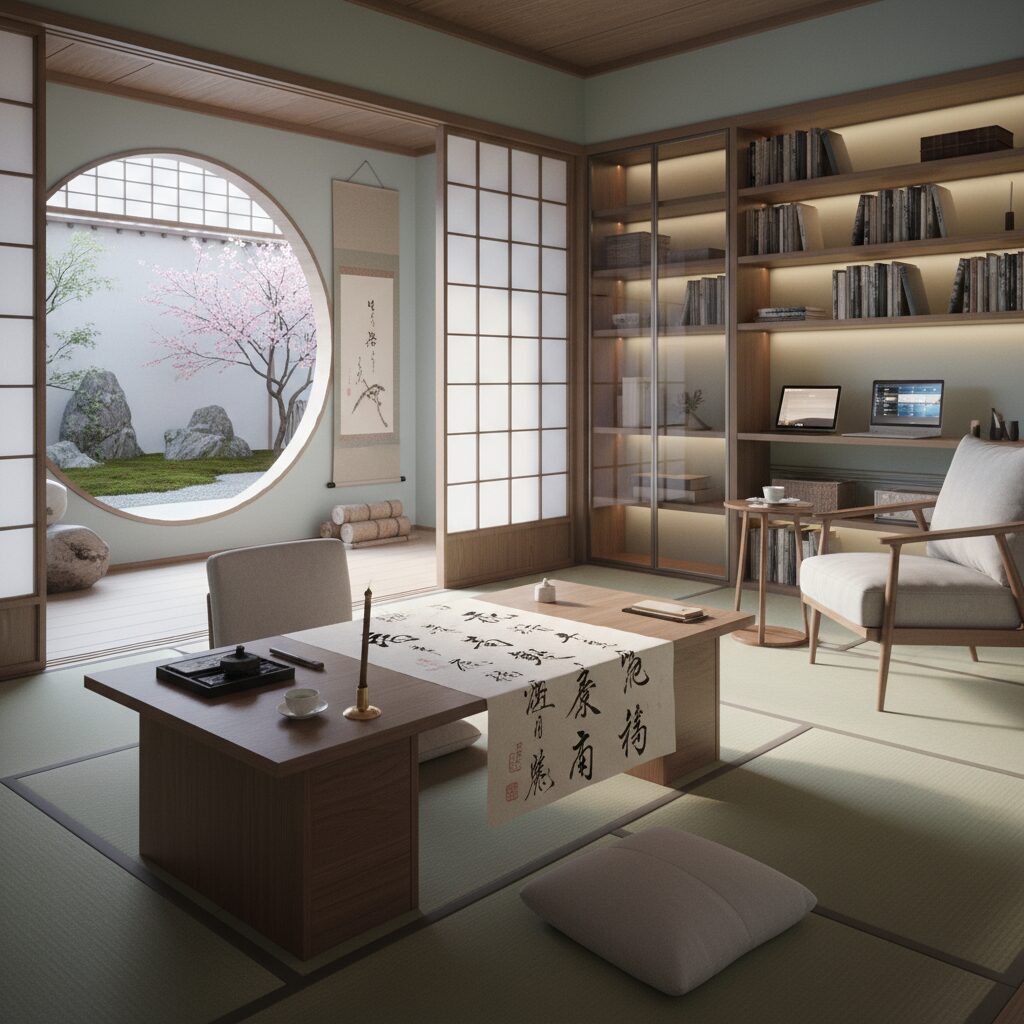 美しい日本の風景と書道の道具が置かれた机のイメージ