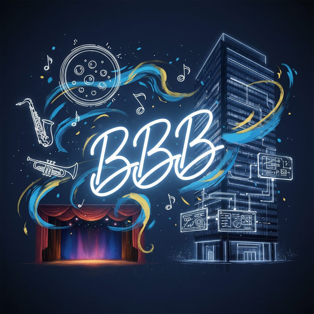 BBB（ビッグバンドビート）、血液脳関門、企業ロゴ、都市開発のイメージを融合させた抽象的でスタイリッシュなコンセプト画像