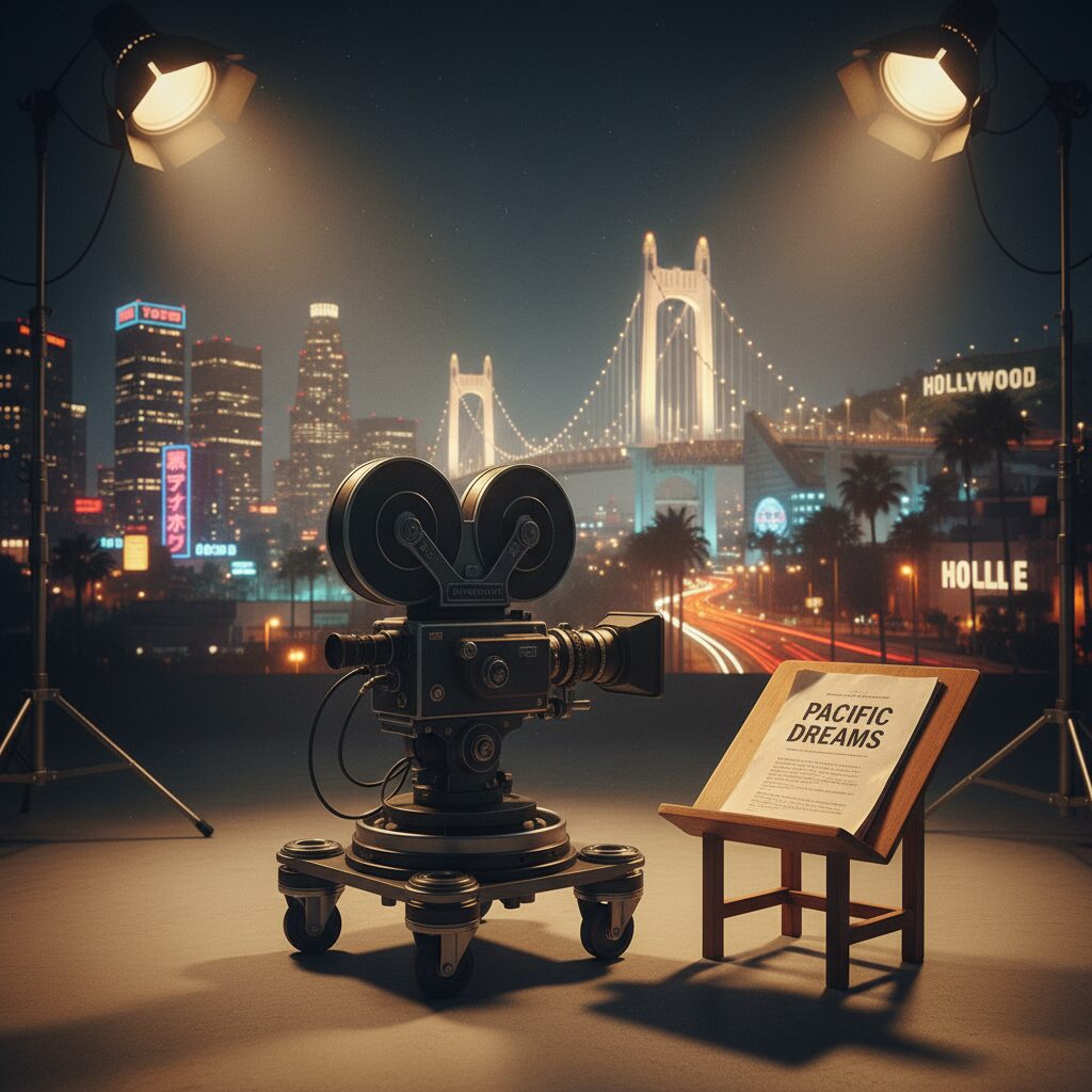 水谷豊と元妻ミッキー・マッケンジーの物語を象徴する、1980年代の撮影スタジオと東京・ロサンゼルスのイメージ。