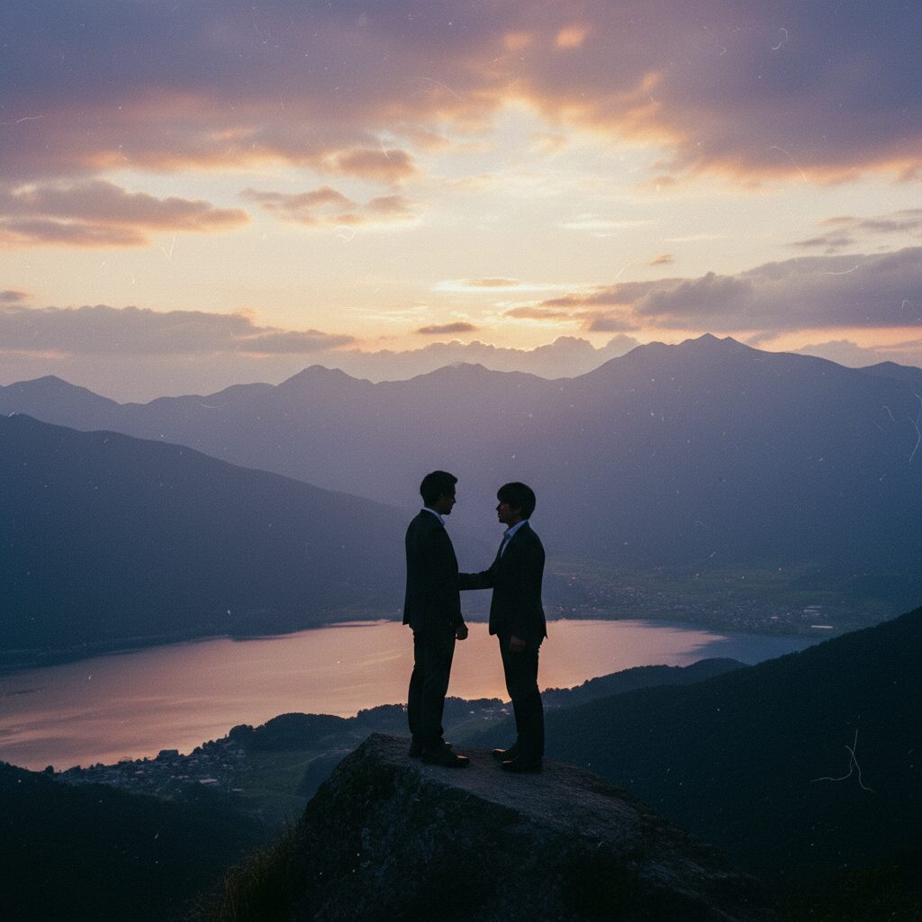 夕暮れ時の山岳風景を背景にした、信頼を感じさせる二人の人物のシルエットイメージ